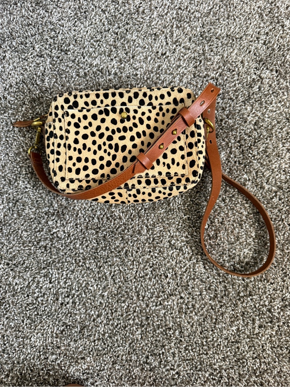 Madewell Spotted Haircalf Crossbody in Beige and Black with Tan Strap